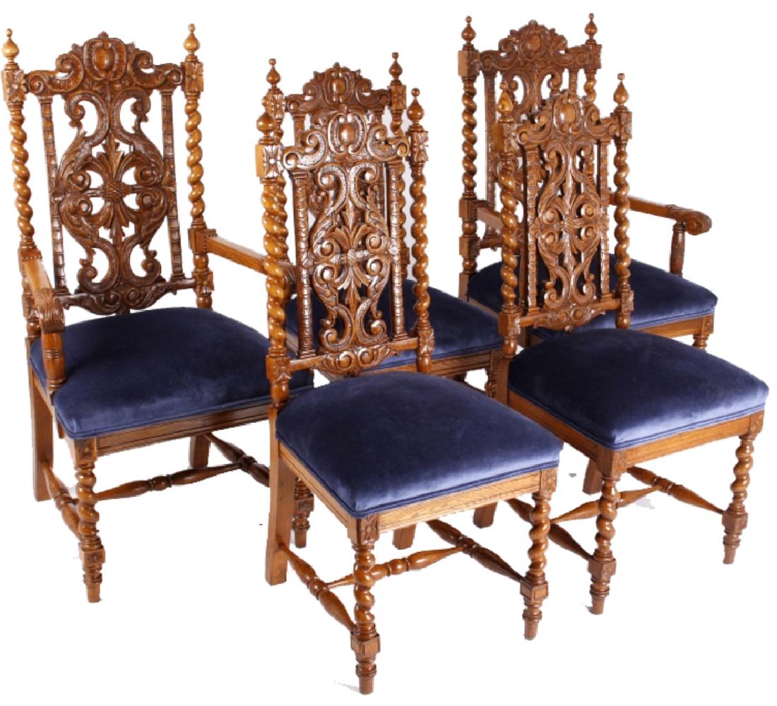 R.J. Horner & Co. Finely Carved Chairs c 1880-1890: The lot features and original authentic set of five Rococo Finely Carved dining room chairs manufactured by R.J. Horner & Company of New York. The chairs show exquisite solid carvings with a supple bl