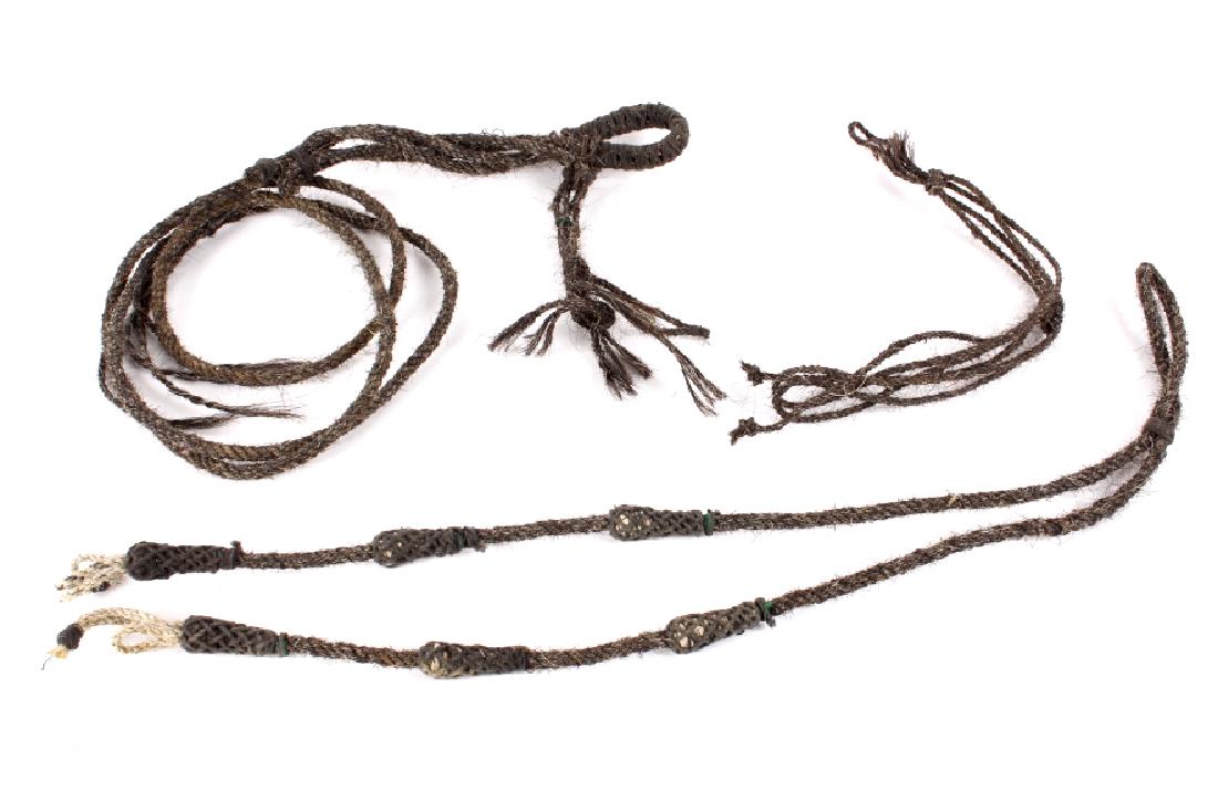 Braided Horsehair Equestrian Headstall: Available in this lot for your consideration is an antique braided horsehair headstall. The Montana cowboy headstall shows a tight braid, with salt & pepper colored horsehair. The headstall originates