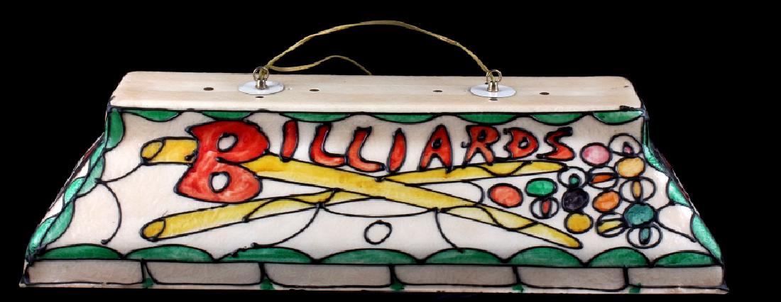 Tiffany Style Resin Billiards Light: Offered for sale is this colorful resin billiards table hanging light. The Tiffany style shade is ivory colored with green accent decoration. The long sides say, "Billiards", in red and depict crossed