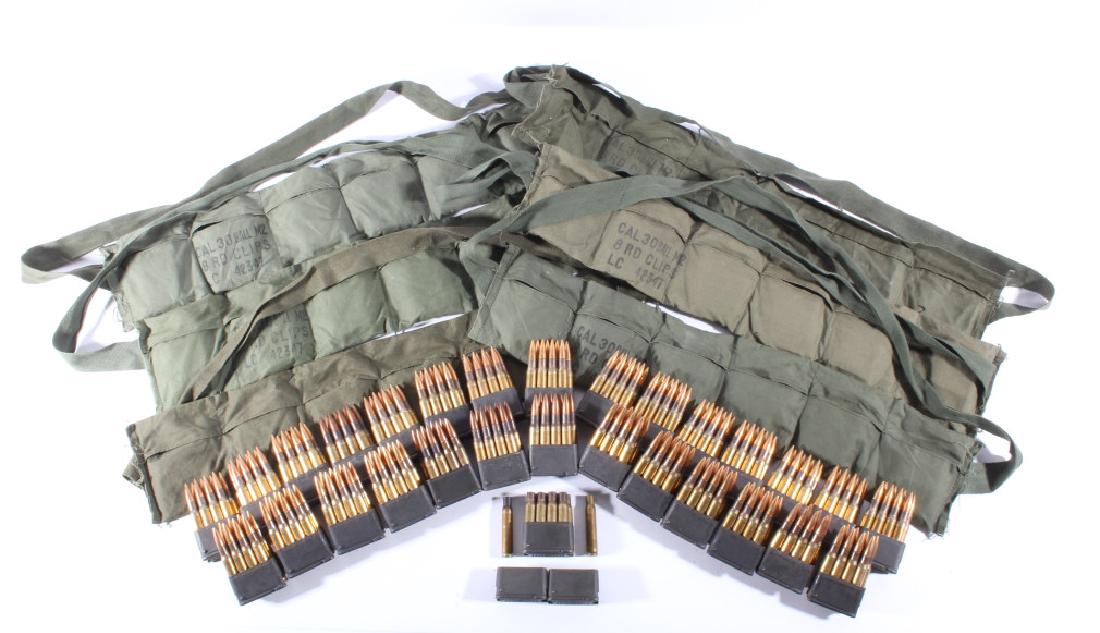 M1 Garand Bandoliers w/ 224 Unfired & 10 Fired Rds: This lot features a collection of M1 Garand Bandoliers with 224 Unfired and 10 Fired Cal. 30 ball M2 ammo and En Bloc Clips. The bandoliers are made of canvas with spaces to hold 6 En Bloc clips for a