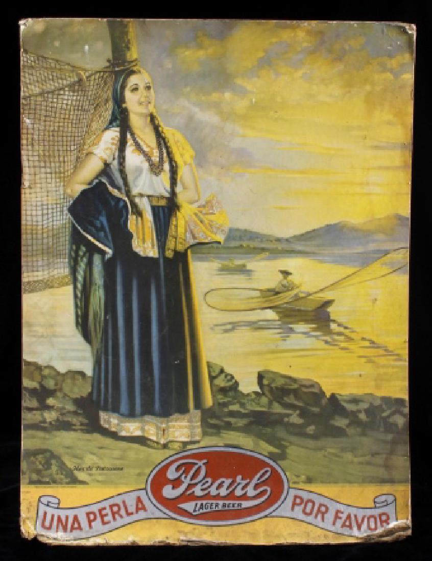 Pearl Lager Beer Lithograph Advertisement c1947-51: For bidding in this lot is a fantastic piece of breweriana, in the form of a lithograph on cardboard advertisement for Pearl Lager Beer, originating from as early as 1947 to 1951. The advertisement sh