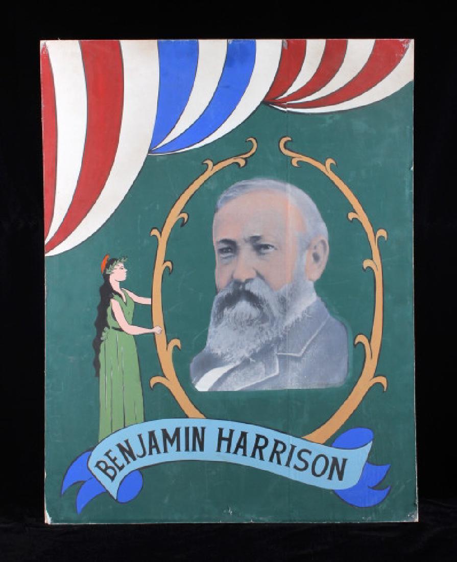 Benjamin Harrison Campaign Folk Art Poster: This is an early Benjamin Harrison campaign folk art poster. The piece in hand painted showing red, white and blue stripes near the top with an image of Harrison in the center. A banner near the botto