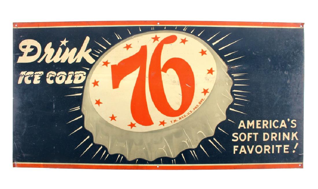 Drink Ice Cold 76 Tin Advertising Sign: This is an original 76 soft drink soda advertising sign. The sign is tin and features a 76 bottle cap graphic image and reads "Drink Ice Cold 76 / America's Soft Drink Favorite!". The sign is in good 
