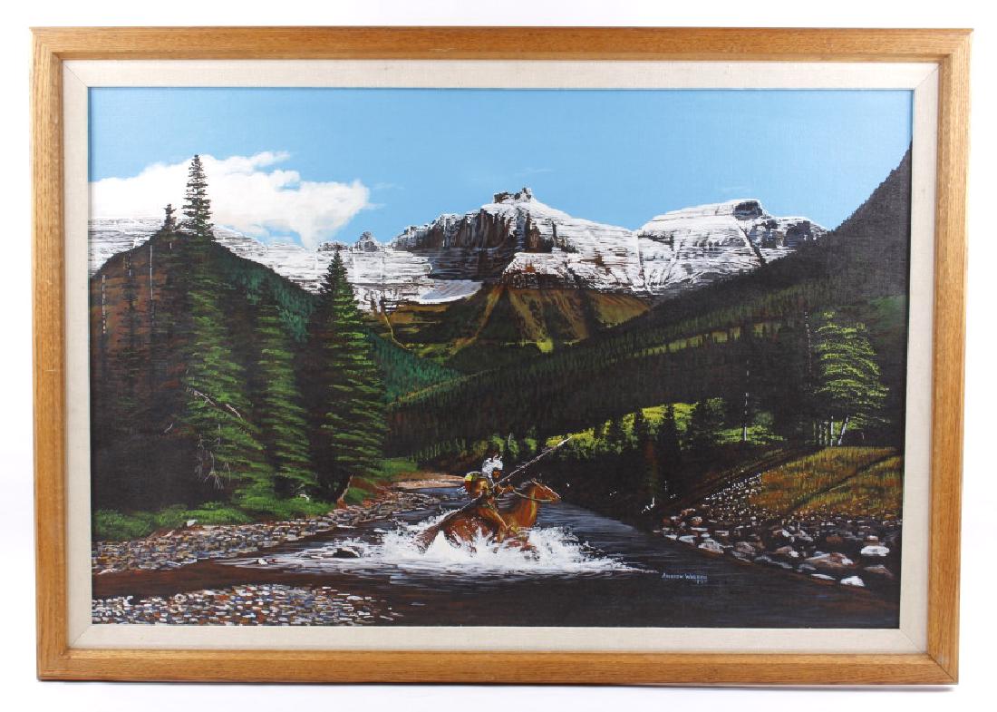 Andrew Warren Acrylic on Board Warrior in Canyon: This lot includes an original acrylic on board painting by Andrew Warren. The painting shows fantastic color, and vivid detail of a Native American Indian warrior, riding on horseback, through a canyo