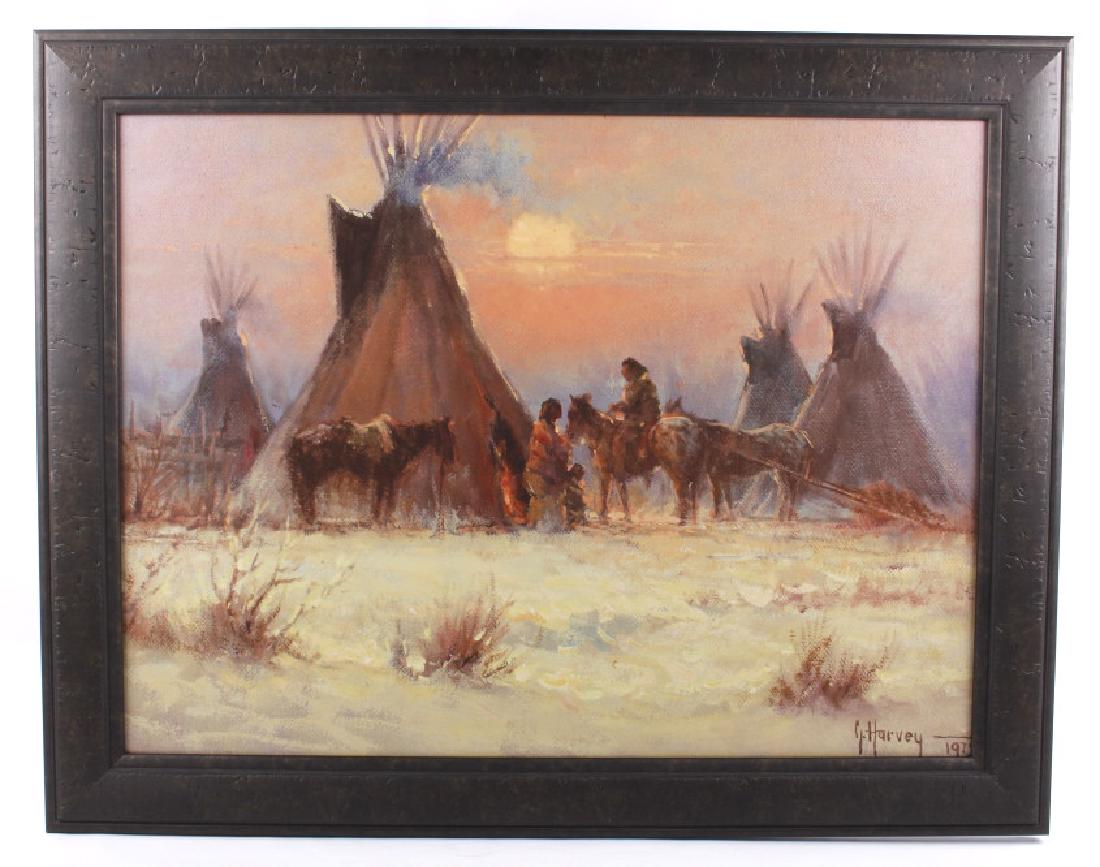 G. Harvey Framed Giclee Native Americans At Camp: Offered for your consideration in this lot is a G. Harvey, or Gerald Harvey Jones Giclee print of his 1975 painting, of Native American Indians arriving at their camp. The painting shows the signature