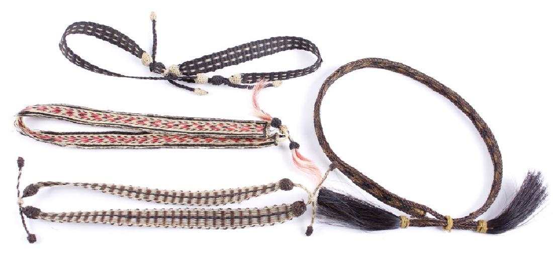 Antique Braided Horsehair Cowboy Hat Bands (4): Included in this lot for bidding is a collection of four antique cowboy hatbands, crafted of braided horsehair. The collection shows intricate braid work, with striking designs, and showing natural, a