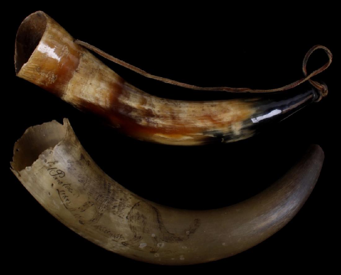 Scrimshaw Steerhorn Powderhorn & Bugle: This lot offers you a scrimshaw steer horn, powder horn and steer horn bugle. The powder horn showcases a scrimshaw wolf, signed underneath, simply with "El Paso TEX". The bugle utilizes a brass mouth
