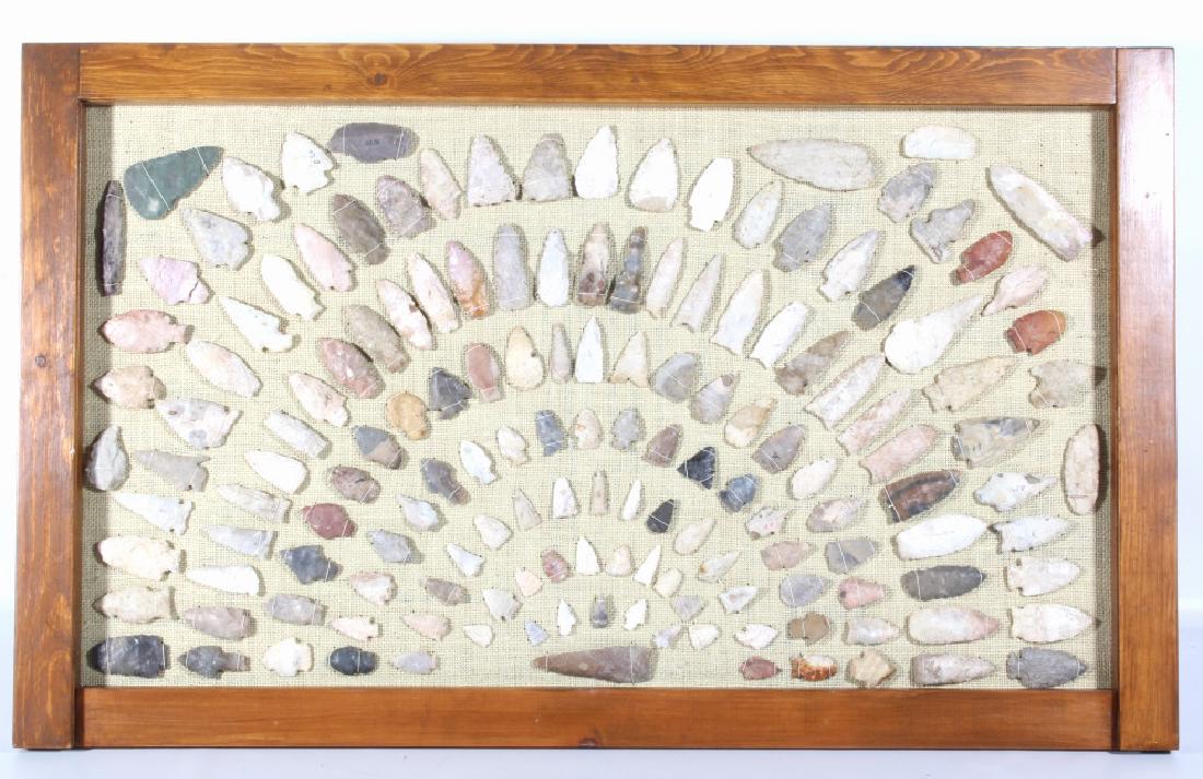 Native American Arrowhead & Artifact Collection: This lot features a Native American Indian Arrowhead & Artifact Collection. The collection features a collection of arrowheads, scrapers, spear points, and other artifacts. The pieces are mounted and 