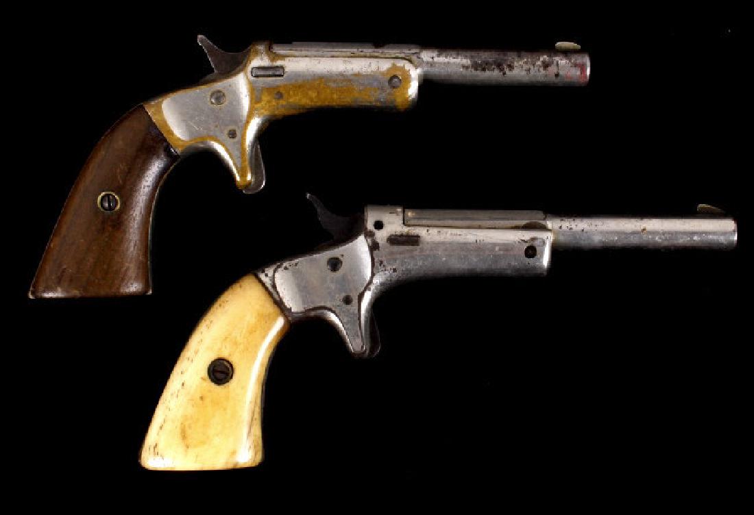Two J Stevens Break-Action Single Shot .22 Pistols: Offered to you in this lot are two J. Stevens single shot, break-action pistols, chambered in .22 caliber. Both pistols utilize a spur trigger, blade front sight, and a nickel finish. One pistol boast