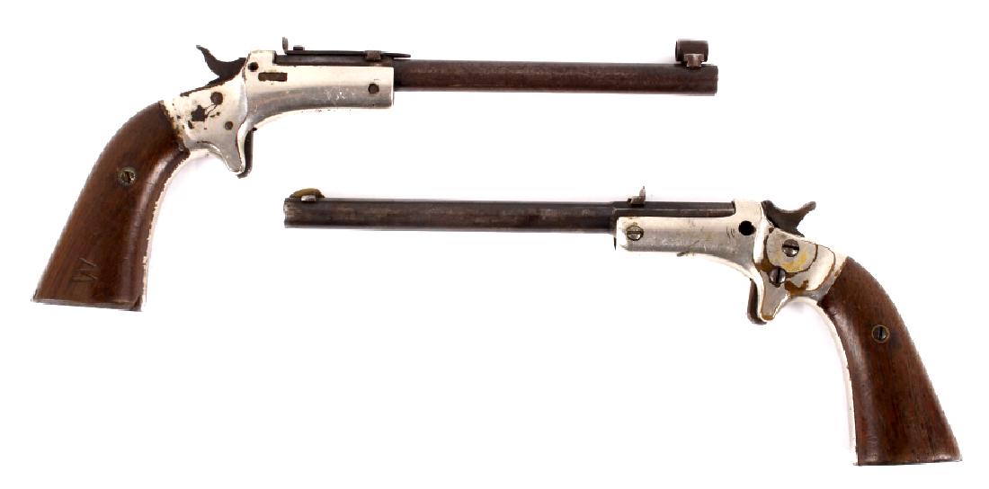 Two J Stevens Single Shot 22 Caliber Pocket Rifles: This lot gives you the chance to bid on a collection of two J. Stevens single shot, break-action pistols, chambered in .22 caliber. Starting with the similarities, both pocket rifles have 2-piece waln