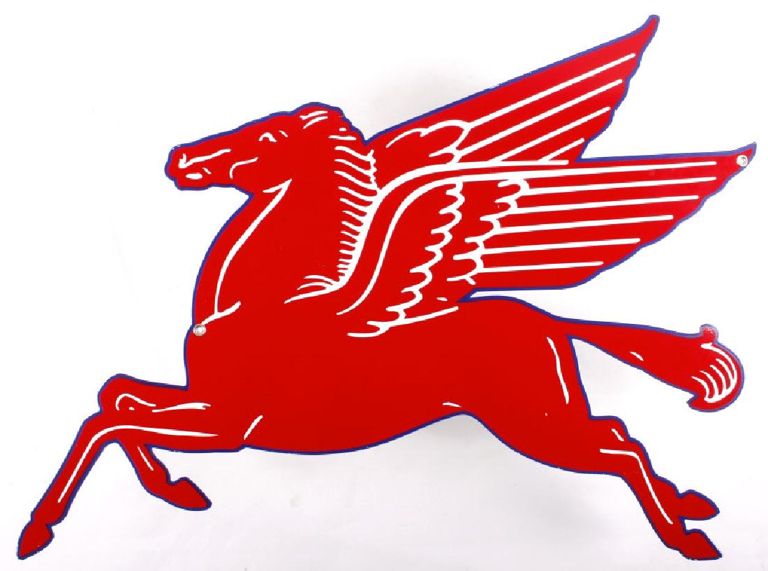 Porcelain Enamel Mobilgas Pegasus Advertisement: Offered in this lot for your consideration is a modern porcelain enamel, single sided advertising sign for Mobilgas. The sign shows the iconic Pegasus logo, and shows vibrant trademark colors of red, 