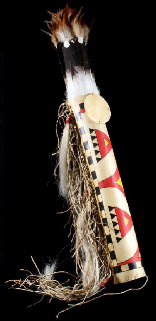 Blackfoot Parfleche Headdress Case & Headdress: Featured in this lot for your consideration is a Blackfoot Native American Indian polychrome painted parfleche headdress case, and headdress, including a pine display stand. The case shows a parfleche