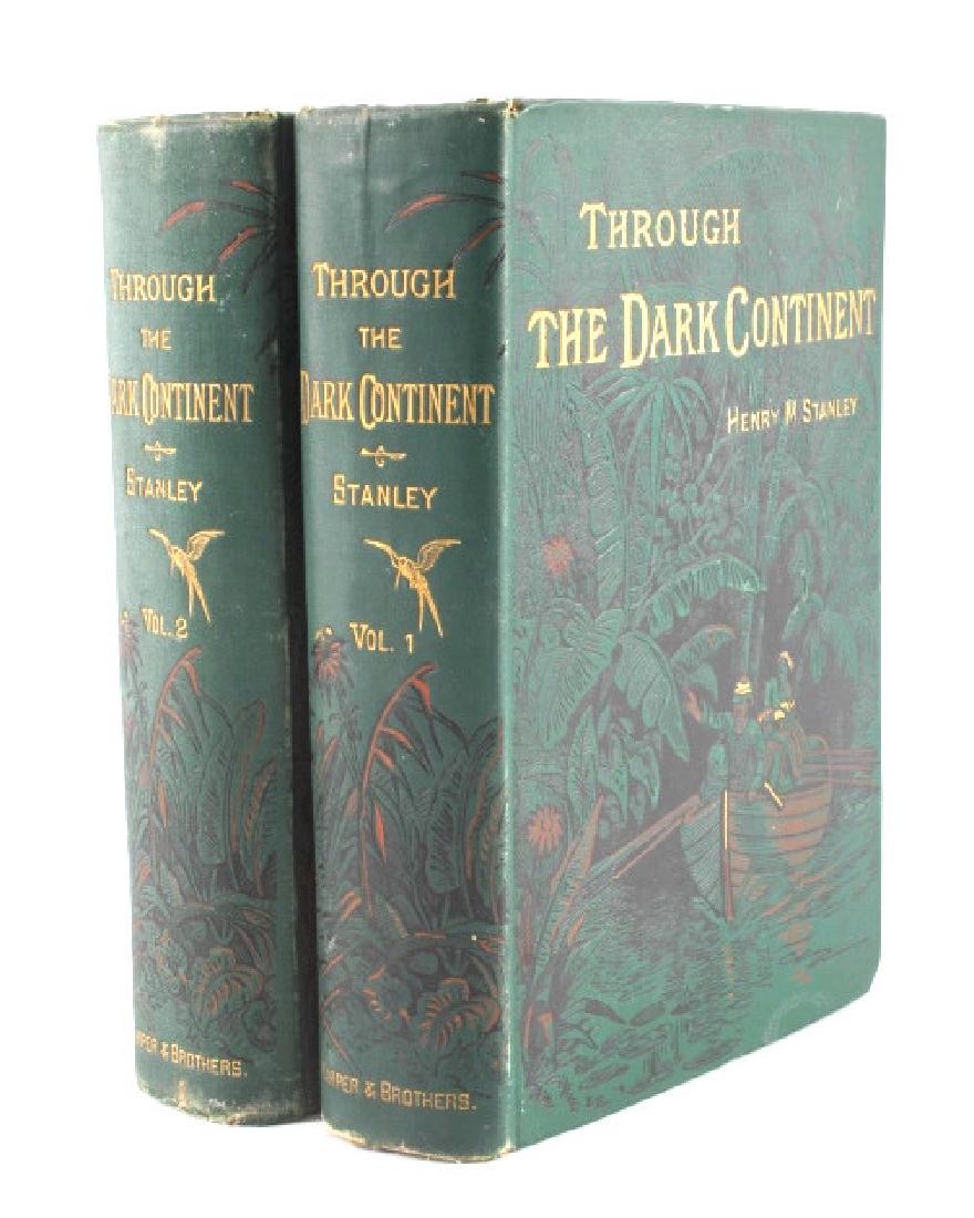 Through the Dark Continent by Stanley 1879 w/ Maps: This is a RARE early edition of "Through the Dark Continent" by Henry M. Stanley and published in 1879. This complete set consists of two hardbound volumes with a folding map in the rear pocket of eac