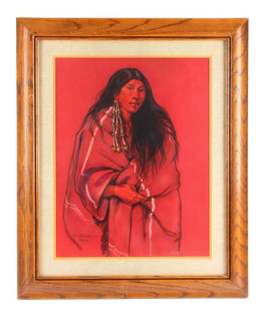 Original Nancy McLaughlin Pastel Portrait: This is an original Nancy McLaughlin pastel portrait of a Blackfoot Native American Indian maiden. Nancy McLaughlin was a Montana artist who is known for her Indian depictions. She was married to Ace 