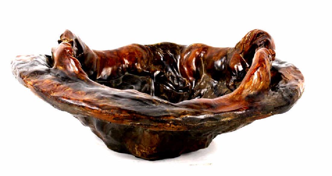 Montana Galloping Horses High-Relief Pottery Bowl: Up for auction is this one-of-a-kind hand built, heavy pottery bowl. The large bowl was formed without the use of a potter's wheel, a type of pottery commonly referred to as "pinch pots". Far more tha