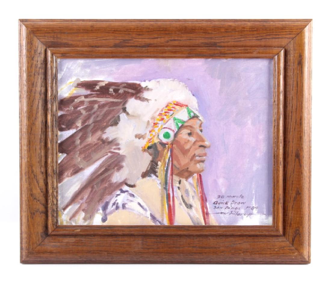 Original Mel Fillerup Oil on Board Indian Painting: This is an original Mel Fillerup oil on board painting. Mel Fillerup was a Wyoming artist whose works have been featured in Southwest Art magazine, American Artist magazine, the Buffalo Bill Art Show