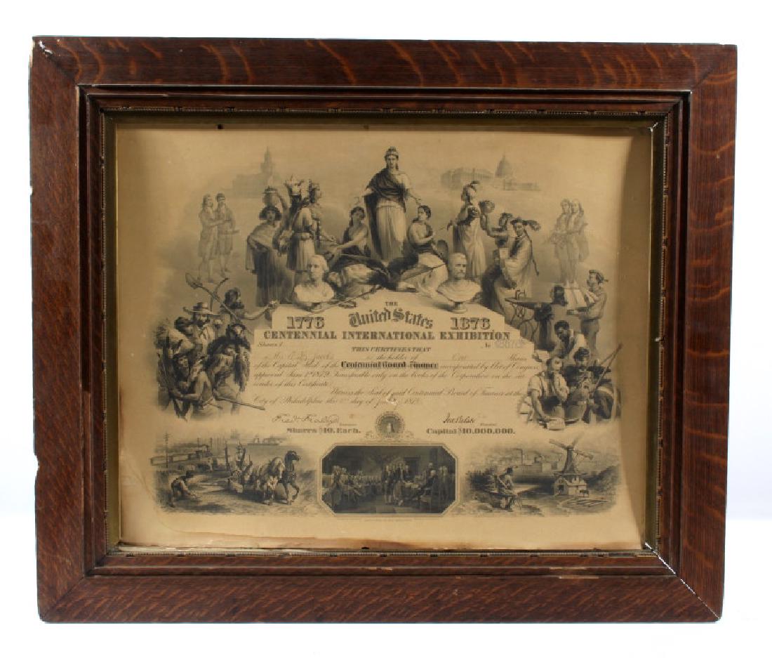 The US Centennial International Exhibition Stock: Included for you in this lot is an original stock share for the United States Centennial International Exhibition. The certificate is written for a single share for Mrs. E.B. Jacobs. The vignette show