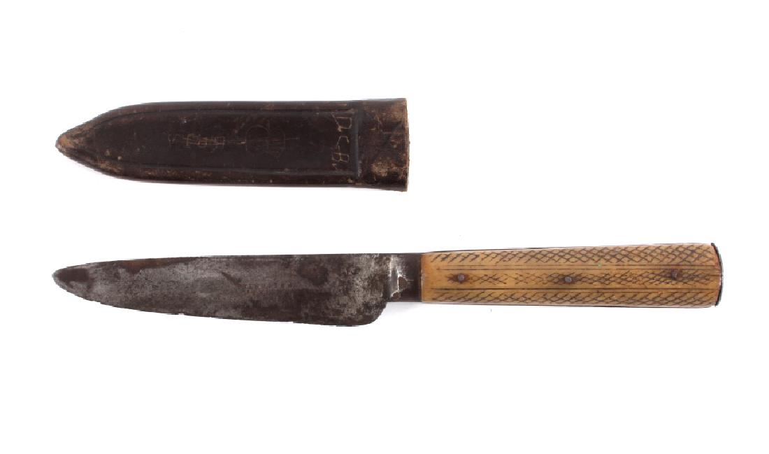 Antique Kingston Union Bone Handle Boot Knife: This is an antique Kingston Union bone handled boot knife and scabbard. The knife has a forged steel blade marked "Kingston Union". The handle is made from bone and shows cross hatch checkering grips.