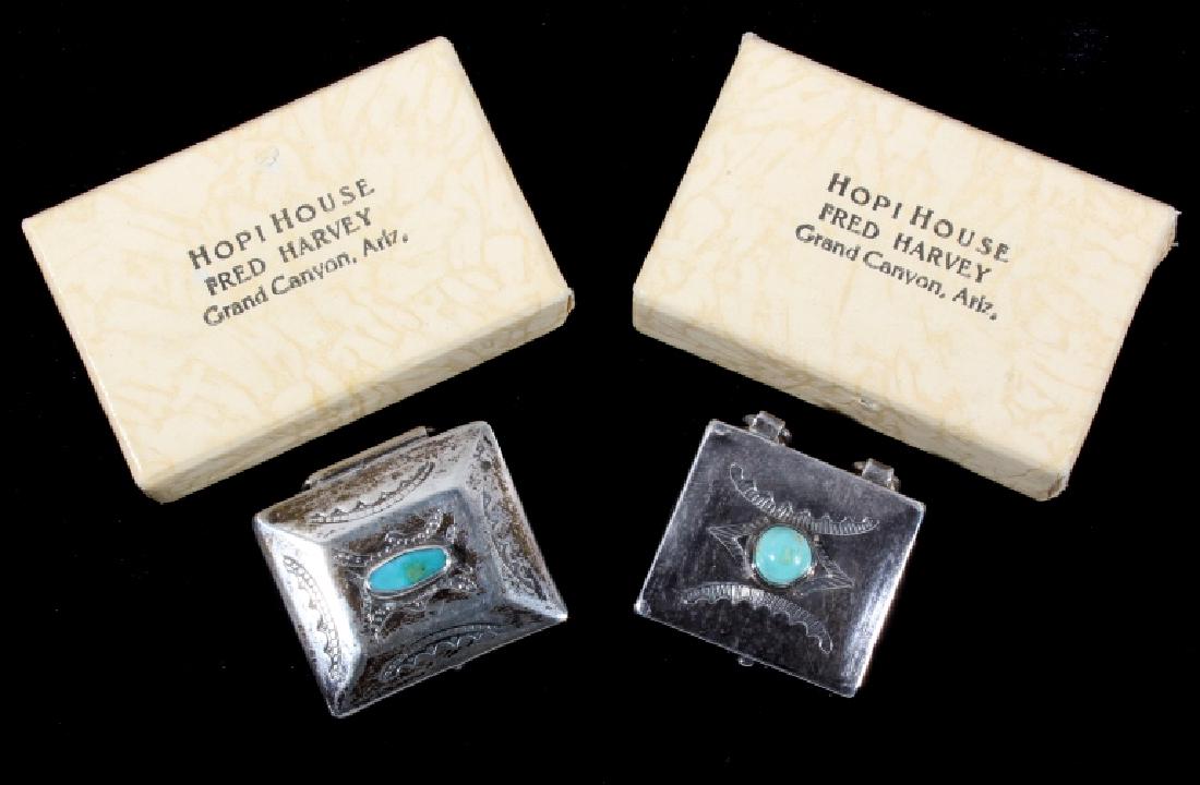 Hopi Sterling Silver & Turquoise Poison Pill Box's: Offered in this lot for your consideration is a pair of Hopi Native American Indian poison pill boxes. The pill boxes both come from the Fred Harvey, Hopi House, located on the South rim of the Grand 