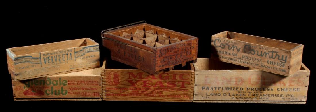 Early Antique Branded Wood Boxes (6): This auction features a collection of six wooden boxes embossed with various brands. We begin with a very nice Star Egg Co. egg carrier and tray. It has twelve slots for eggs and a sliding wire handle
