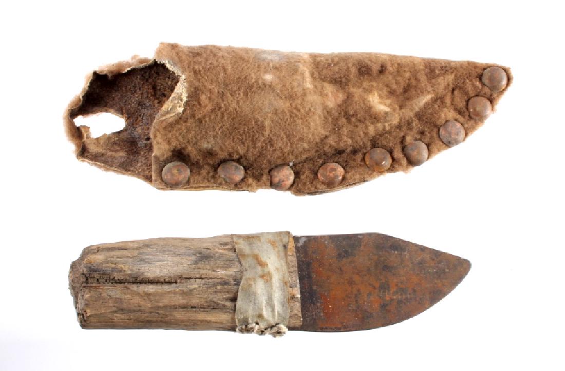 Plains Indian Buffalo Skinning Knife & Sheath: The lot features a unique 19th Century Great American Bison Buffalo sheath and older Buffalo Skinner knife from the Plains Native American Indians. The sheath shows a Buffalo hide construction with th