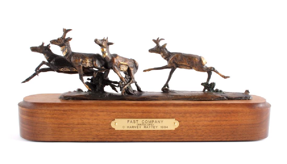 Original Harvey Rattey Bronze Sculpture: This is an original Harvey Rattey bronze sculpture titled "Fast Company (Antelope)". Harvey Rattey was a Montana artist, born and raised in Chinook. His love of the West and the ranching lifestyle led