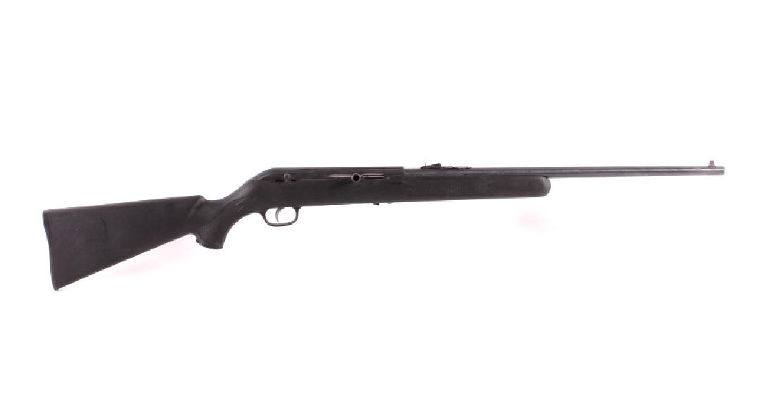 Stevens Model 62 .22 Semi-Automatic Rifle: This is a Stevens Model 62 semi-automatic rifle chambered in the .22 long rifle caliber. The rifle features a blue'd steel barrel and receiver with a synthetic stock. The rifle is marked "Stevens Mode