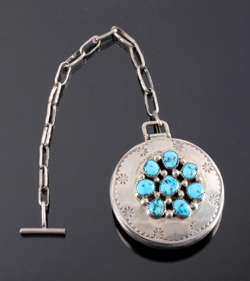 Tommy Moore Navajo Sterling Pocket Watch Case: This is a signed Navajo Native American Indian sterling silver and turquoise pocket watch case. The watch case is made from solid sterling silver and features a beautiful arrangement of 8 Sleeping Bea