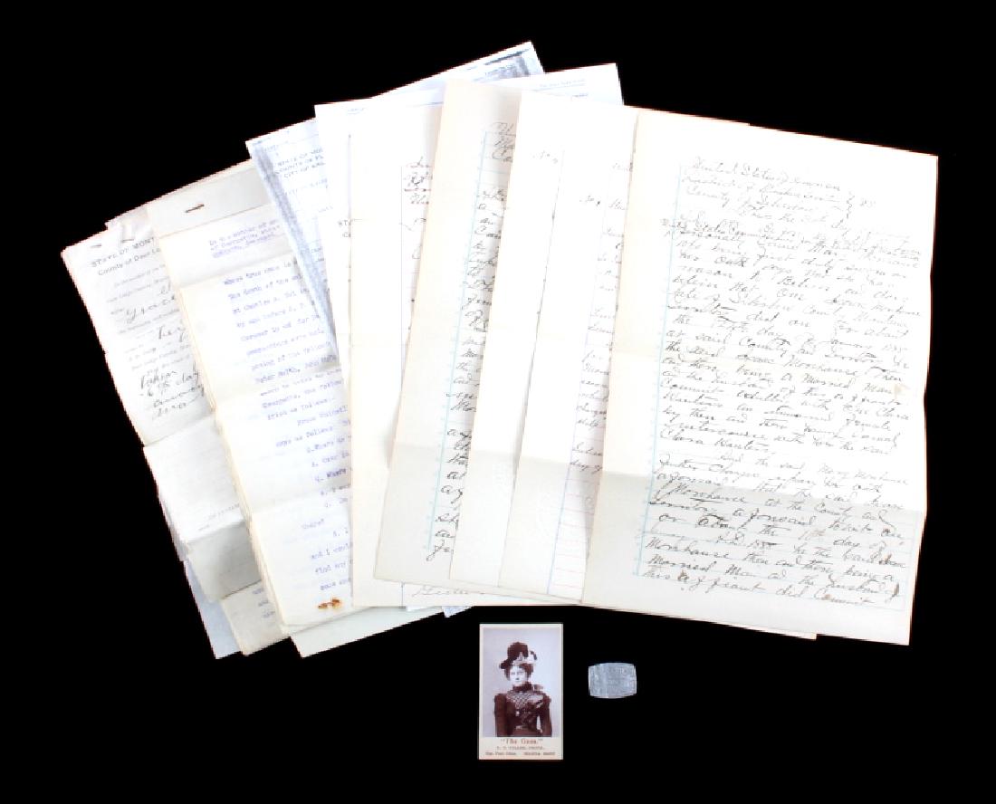 Montana Prostitution Ephemera & Token Collection: This is a Montana prostitution ephemera and token collection from circa 1888. The collection consists of complaints filed against a known prostitute, Clara Winters, and her john, Isaac Morehouse. Ther