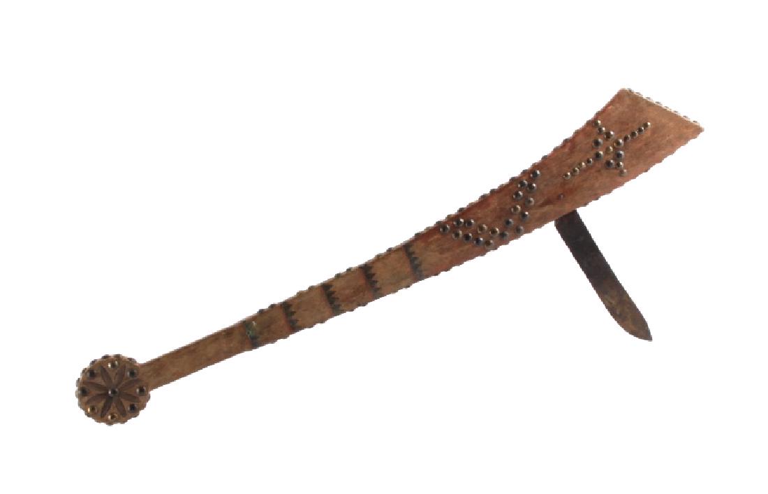 Osage Knife Blade War Club c. 1870-1880: This is an authentic single knife blade war club tomahawk attributed to the Osage Native American Indians of Missouri and dating to circa 1870-1880. The piece came from the noted Midwest collector Ben
