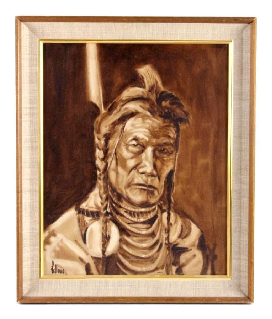 Original Fred Fellows Oil on Canvas Painting: This is an original Fred Fellows oil on canvas painting titled "Birdrattler (Chief of the Blackfoot)". Fellows was born in Ponca City, Oklahoma near the Otoe and Osage Native Americans. From a young a