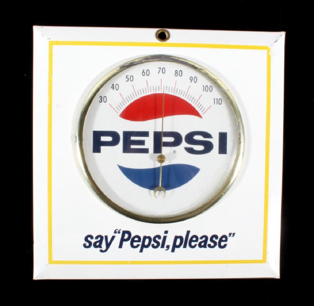 Pepsi - "Pepsi, please" Advertising Thermometer: For sale in this lot is a vintage Pepsi Cola advertising thermometer, originating from the 1960's. The piece shows the trademark Pepsi logo in the center, and reads "Say "Pepsi, please" across the bot