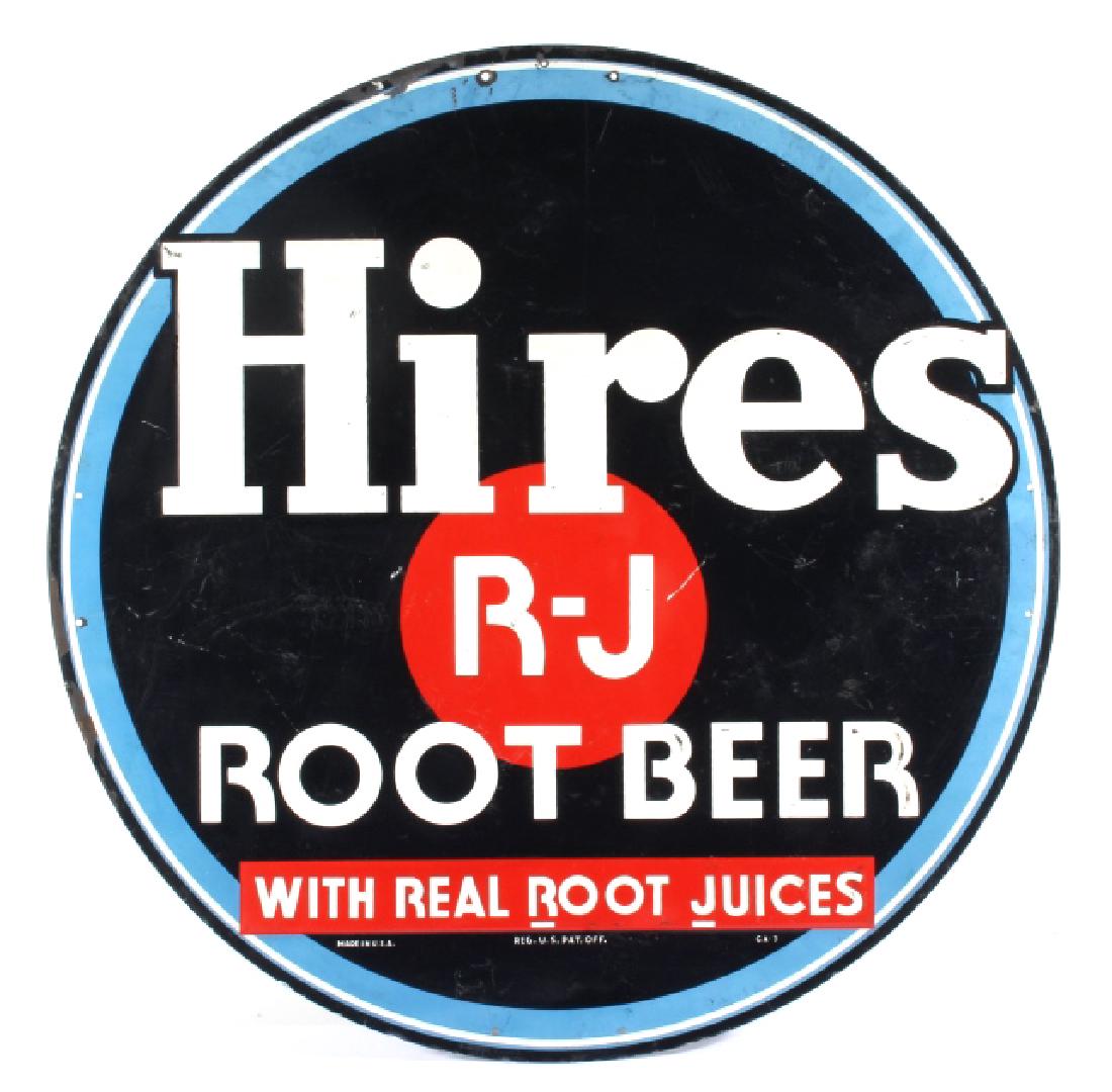 Hires Root Beer Embossed Advertising Sign: For sale in this lot is an original Hires Root Beer single sided advertising sign. The piece originates from the mid 20th century, and shows fantastic bright blue, cobalt blue, white, and vibrant red