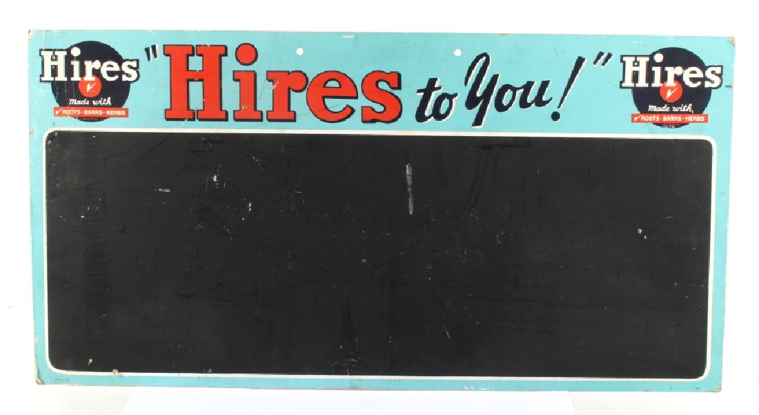 Hires Root Beer Cardboard Chalkboard Advertisement: Included in this lot is a mid 20th century Hires Root Beer advertising chalk board. The piece shows the traditional Hires robin egg blue, black, white, and red color scheme, and reads "Hires - to you!