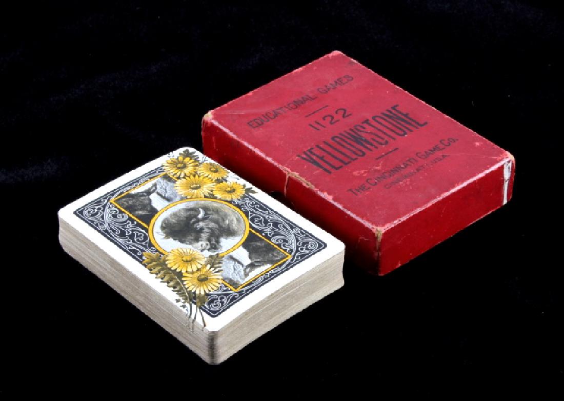Game Of Yellowstone (National Park) Playing Cards: This is an original Game of Yellowstone (National Park) deck of playing cards circa 1905. The deck contains 52 cards, the back of each one displays the image of a buffalo along with the Great Falls. T