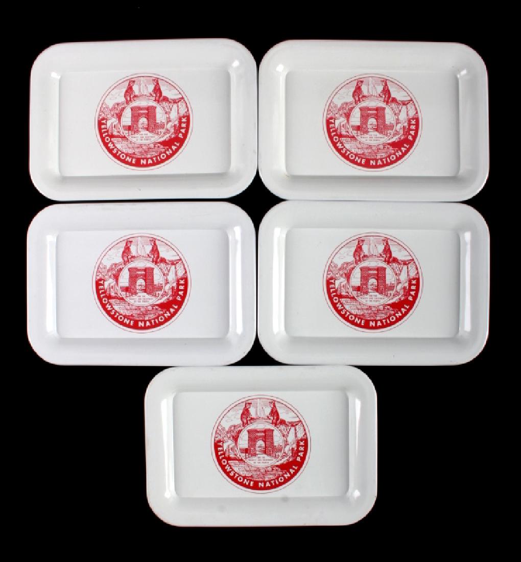Yellowstone Park Tin Litho Tray Collection: This is a collection of 5 Yellowstone National Park tin litho trays from the early to mid 1900's. Each tray has a wonderful lithograph image showing two bears with Roosevelt Arch, Old Faithful, Cody R