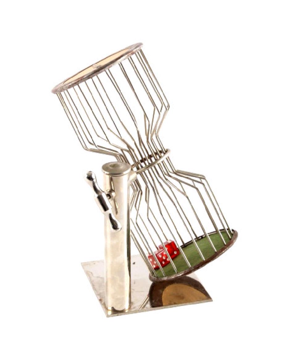 Antique Casino Chuck-A-Luck Gambling Dice Game: This is an antique Chuck-A-Luck gambling dice game from Butte, Montana in the early to mid 1900's. The game features a large wire hourglass cage on a stainless base. Inside the cage are 2 dice. The Ch
