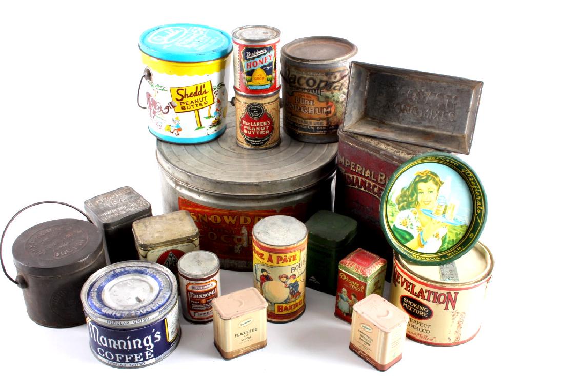 Collection Of Early Baking Product Tins: For your consideration is this collection of antique baking product tins, as well as some tea, coffee, and tobacco tins. The collection includes 19 tins in all. The tins range from two small Purepac s