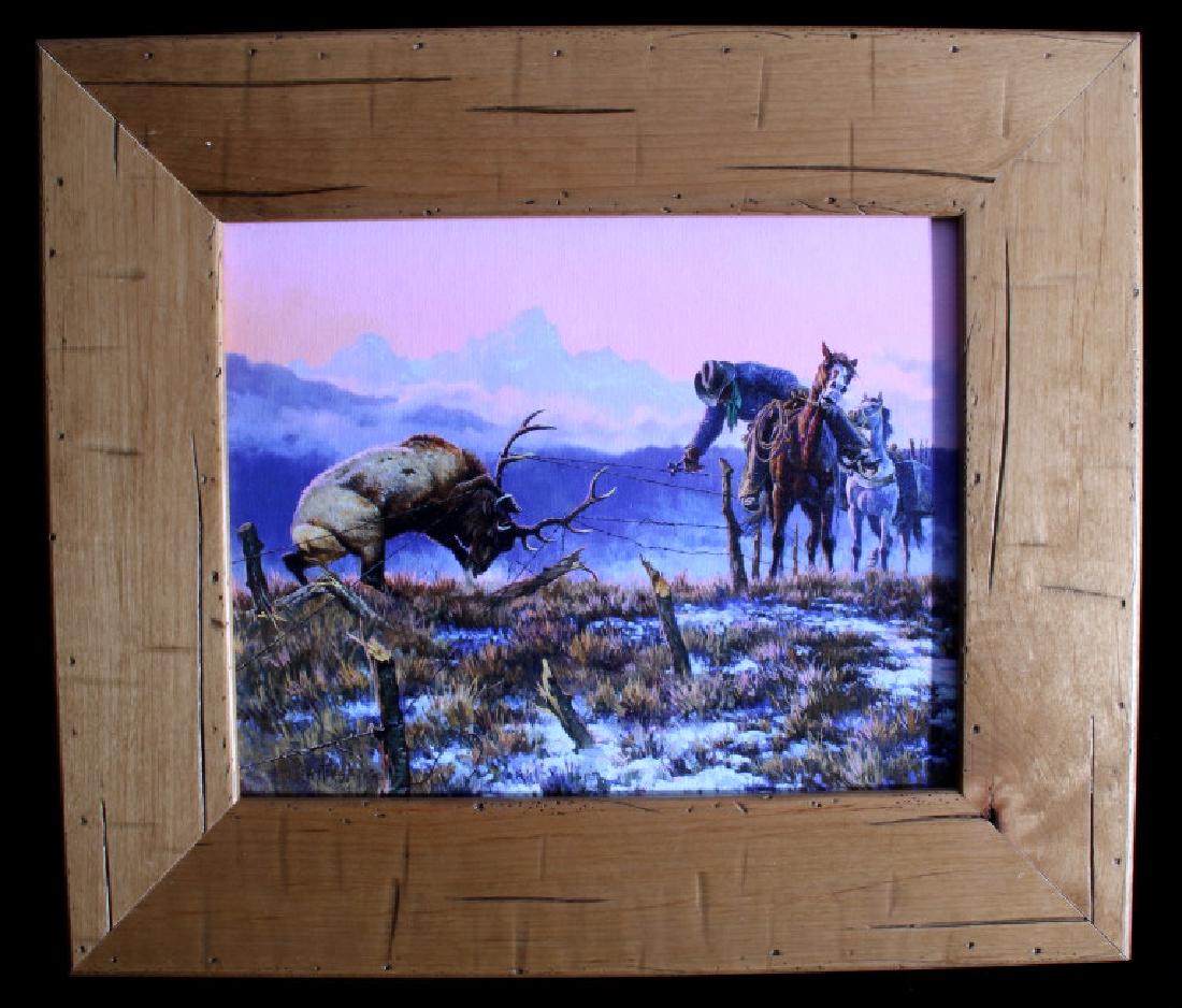 Giclee Canvas "Down To The Wire" C.K. Price: Up for your consideration is this Giclee Canvas print, "Down to the Wire", by Clark Kelley Price. The scene,depicted by the artist in fresh, vibrant colors, is that of a cowboy on horseback attempting
