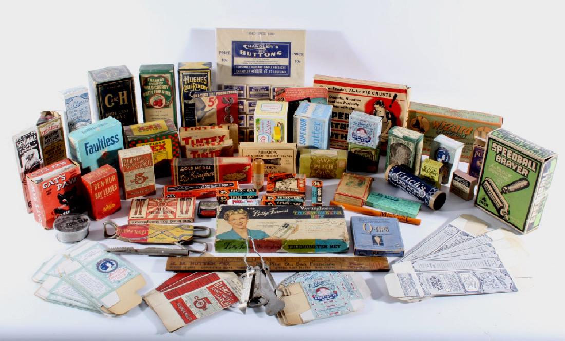 Collection of Early To Mid-Century Packaging: For your bidding pleasure is this collection of eclectic early to mid-century packaging. This lot includes a number of new-old stock soap boxes and vanilla boxes, many kitchen and household item boxes