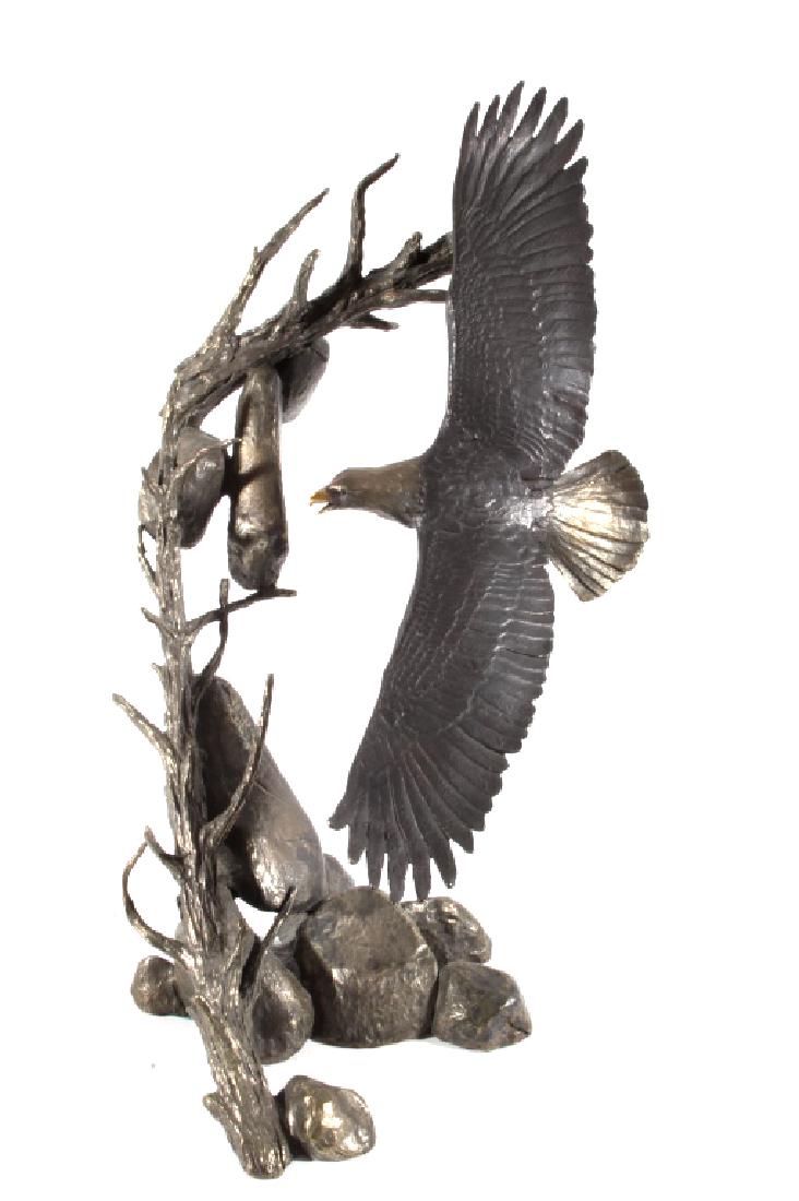 American Bald Eagle Bronze by Mark Hopkins LARGE: This is a wonderful original work of art solid bronze sculpture by renowned wildlife artist, Mark Hopkins. This sculpture is signed in the bronze as shown and was created in circa 1993. The sculpture 