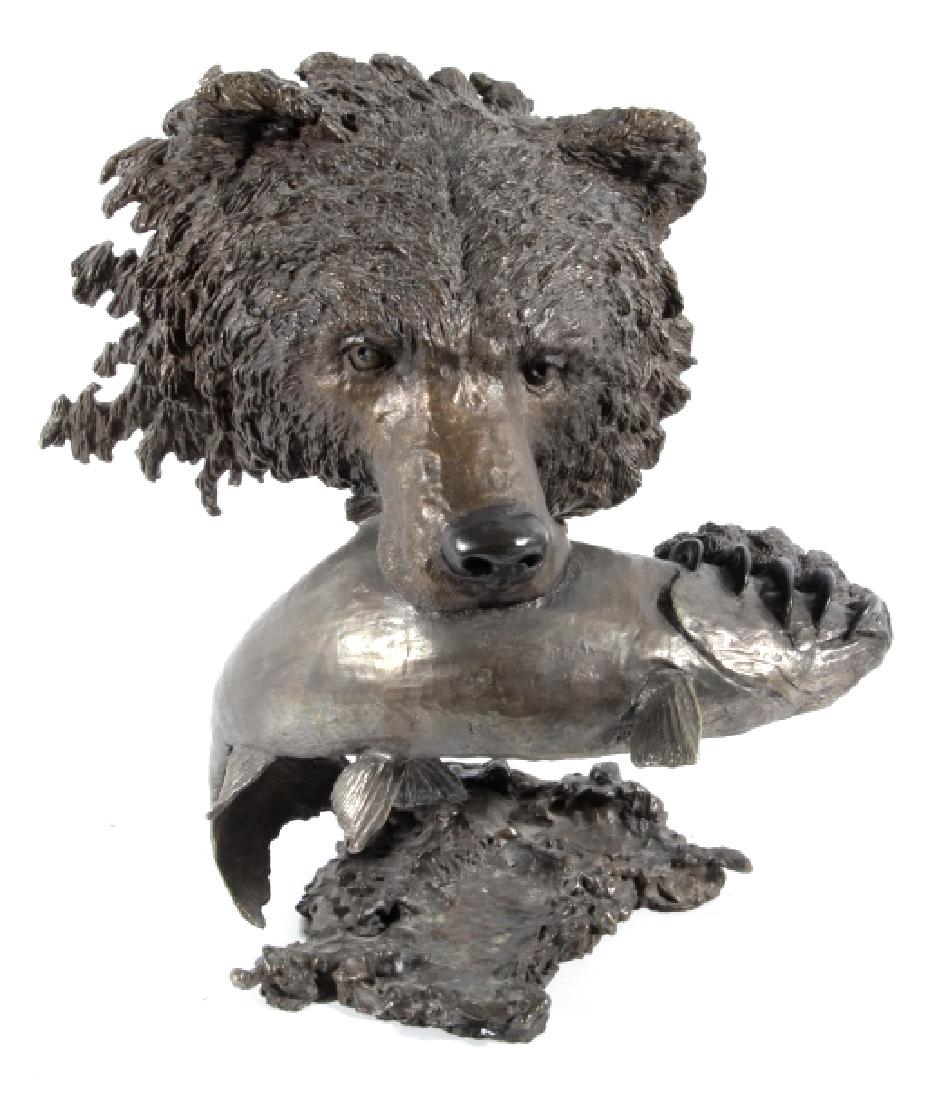 Grizzly Bear & Rainbow Trout Bronze - Mark Hopkins: This is a wonderful original work of art solid bronze sculpture by renowned wildlife artist, Mark Hopkins. This sculpture is signed in the bronze as shown and was created in circa 1992. The sculpture 