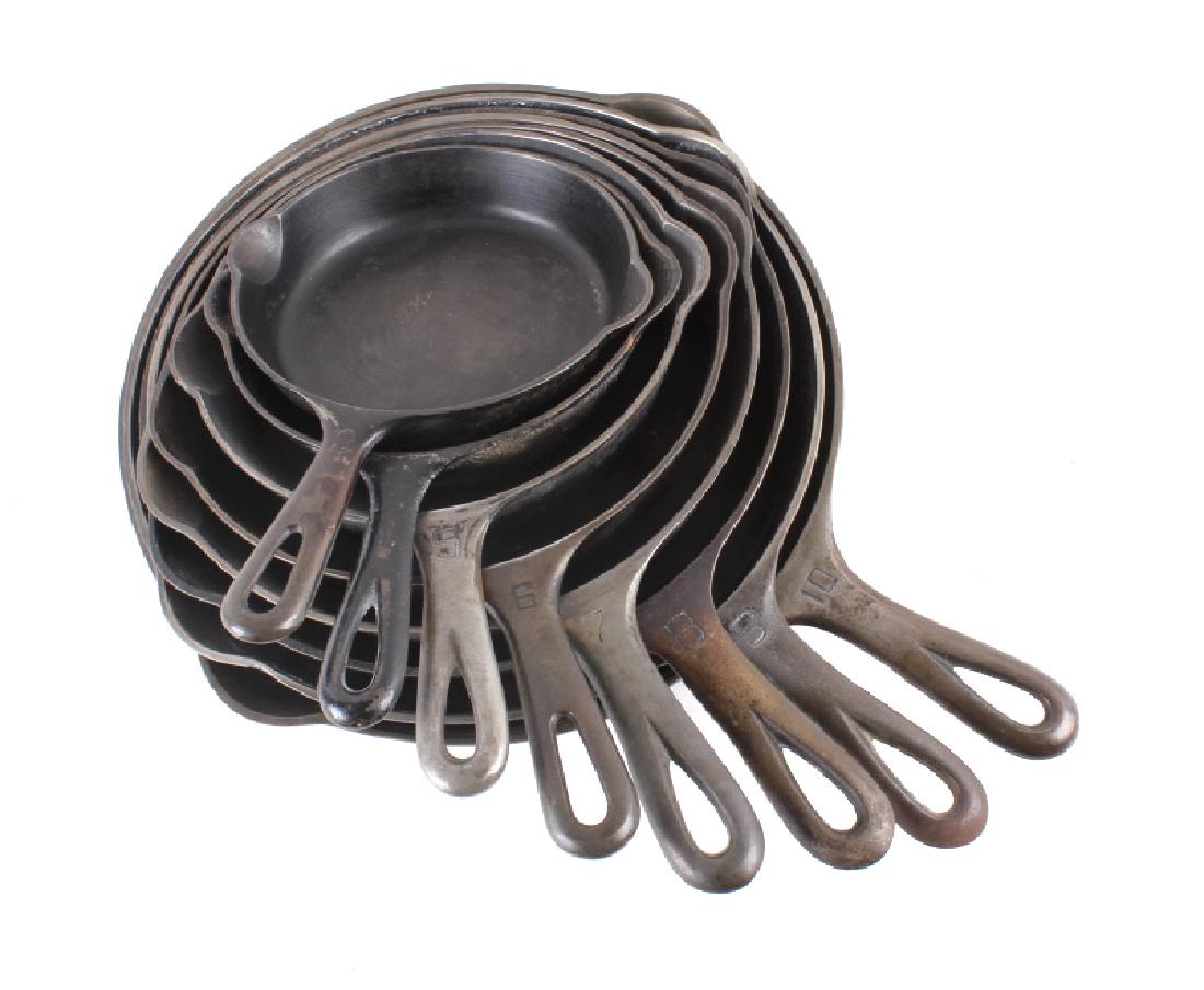 Griswold Cast Iron Skillet Collection c. 1924-1960: Included in this lot we have a collection of 8 Griswold cast iron skillets. The set features size 3-10 skillets, the 3,5-7, and 10 show the small block logo originating from 1939-1957, the 4,8, and 9 