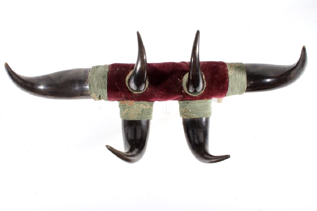Antique Victorian Western Buffalo Steer Horn Rack: This is a unique Steer Buffalo Horn rack with an antique age and Victorian style. This style is similar to what would have hung in the historic Irma Hotel in Cody, Wyoming, a hotel owned and operated 