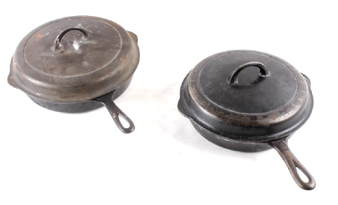 Griswold Number 8 & 9 Cast Iron Skillet w/ Lid: Included in this lot we have a pair of Griswold number 8 and a number 9 cast iron skillet with self basting lids. The number 8 is marked with "No. 8 - Griswold - Erie PA. - 704 G" and the lid is marke