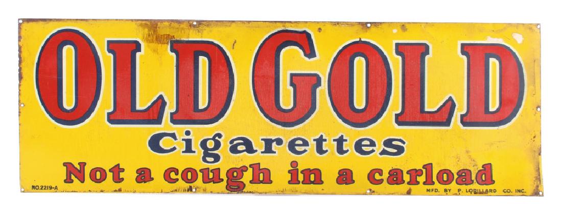 Old Gold Cigarettes Double Sided Tin Sign: This item is an Old Gold Cigarettes double sided tin advertising sign from the 1940's. The signs reads "Old Gold Cigarettes Not a Cough in a Carload". The sign is marked in the lower left corner "No.