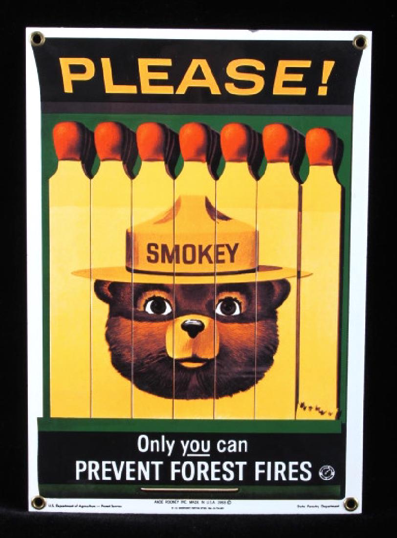 Smokey Bear U.S. Forest Service Porcelain Sign: This is a Smokey Bear porcelain enamel sign. Smokey Bear was adopted by the U.S. Forest Service back in the 1940's as part of their campaign to prevent forest fires. This sign shows a book of matches