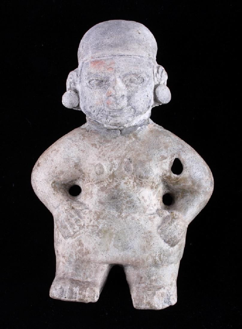 Pre-Columbian Mayan Pottery Figure circa 500 A.D.: This is a Pre-Columbian Mayan pottery figure from circa 500 A.D. The piece shows a human male figure effigy design with multiple vent holes in the front, back and top of the head. The figure shows goo