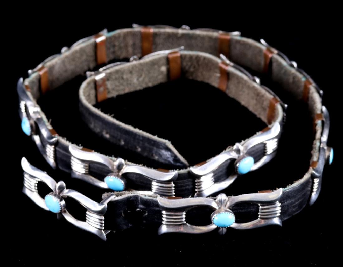 Navajo 3rd Phase Sterling & Turquoise Concho Belt: For sale in this lot is a 3rd phase style Navajo Native American Indian concho belt. The belt is adorned with eleven sterling silver, and blue gem turquoise conchos. Each concho is securely fastened t