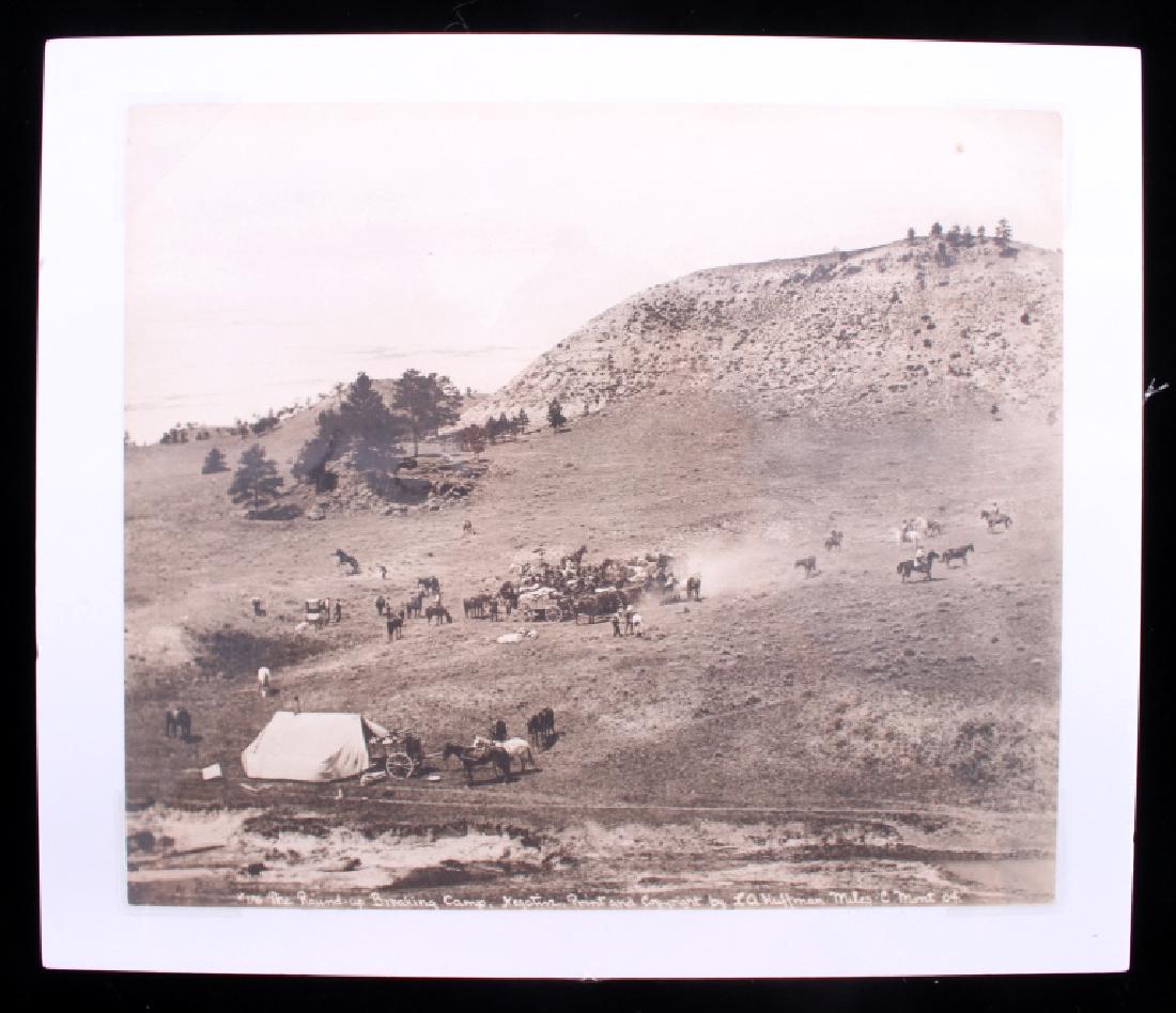 L.A. Huffman "The Round Up" Original Photograph: Featured for sale in this lot is an original L.A. Huffman photograph, titled "The Round-Up Breaking Camp", and originating from 1904. The photograph shows a busy scene of cowboys wrangling their horse